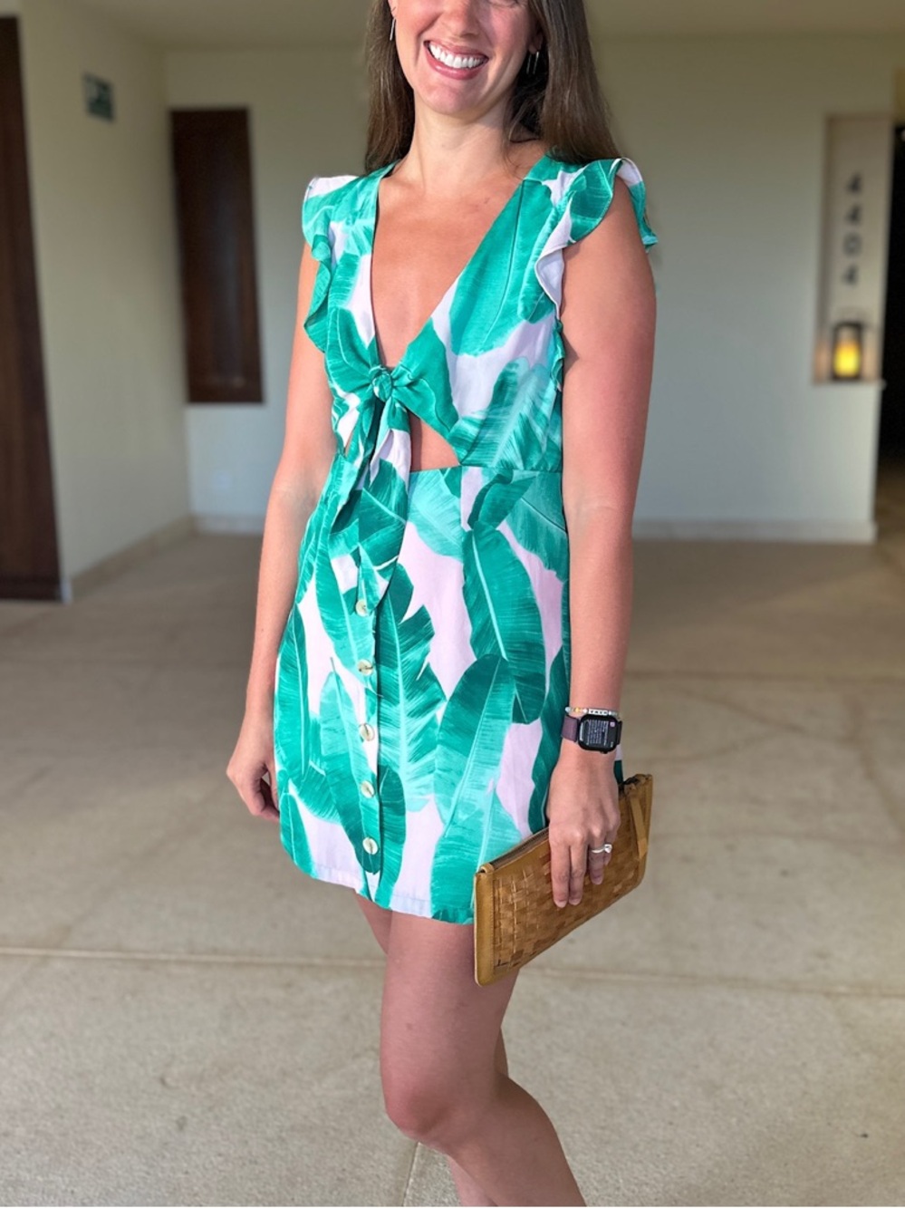 Buddy Love Pink & Green Tropical Leaf Tie Front Mini Dress - Picture 6 of 6
